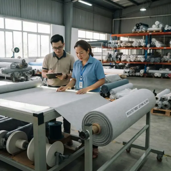 Tim konveksi memeriksa kualitas kain Microtex sebelum produksi massal