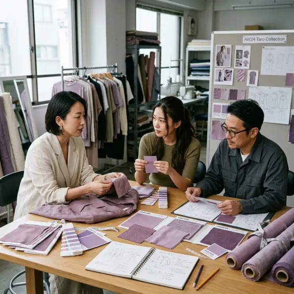 Tim desain mengevaluasi palet warna dan sampel kain sebelum produksi
