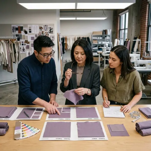 Tim fashion memeriksa sampel warna taro sebelum produksi