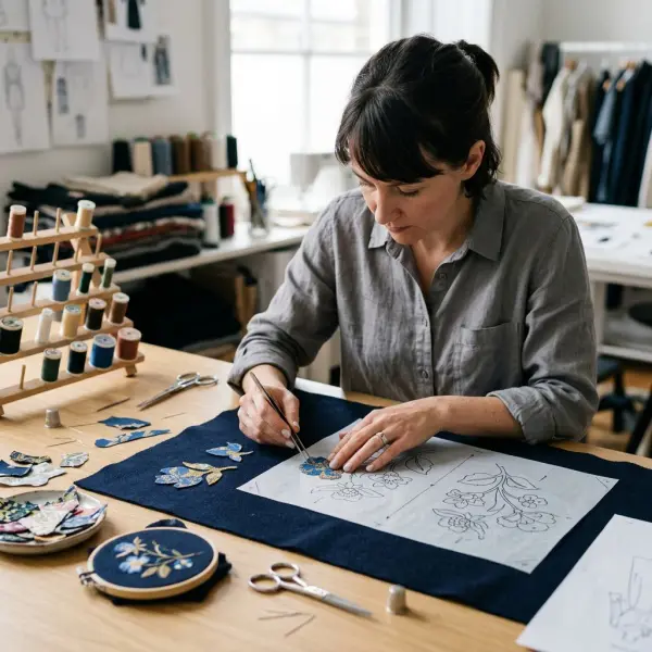 Fashion technician positioning and securing appliqu&eacute; pieces on a garment panel