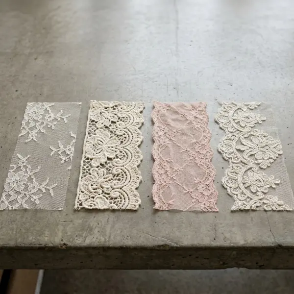 Fashion lace swatches showing differences in weight, transparency, stretch, and motif density