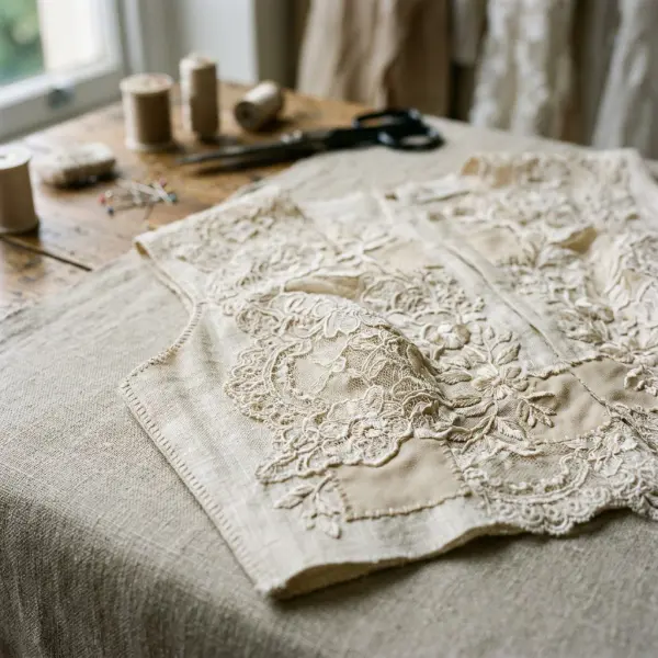 Garment detail combining lace motifs, embroidery, and appliqu&eacute;