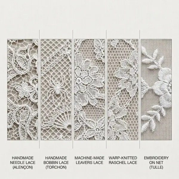 Comparison of needle lace, bobbin lace, Leavers lace, Raschel lace, and embroidered net structures