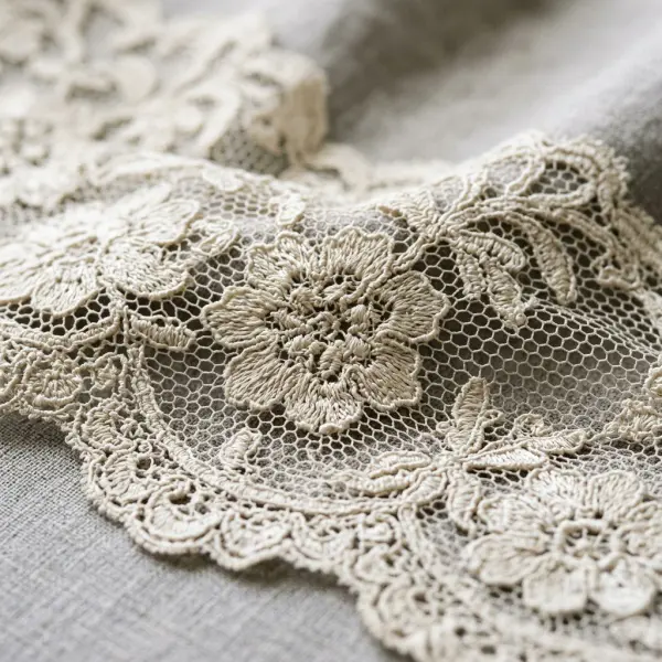 Close-up of floral lace fabric showing openwork motifs and connecting mesh