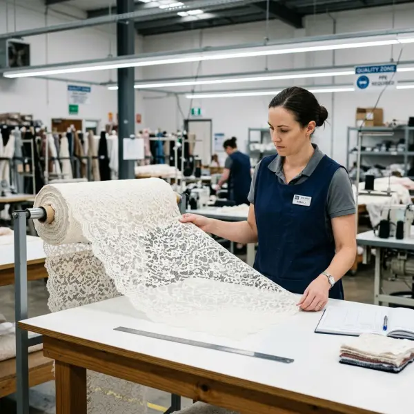 Quality inspector checking lace width, motifs, edges, and fabric defects