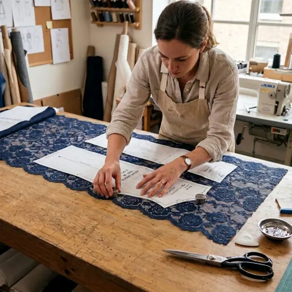 Pattern maker aligning lace motifs and scalloped edges before garment cutting