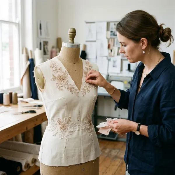 Fashion designer evaluating decorative motif placement on an occasion wear toile Fashion designer evaluating decorative motif placement on an occasion wear toile