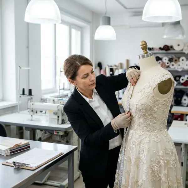 Quality inspector checking embroidery, beads, lace placement, and lining on an occasion dress Quality inspector checking embroidery, beads, lace placement, and lining on an occasion dress