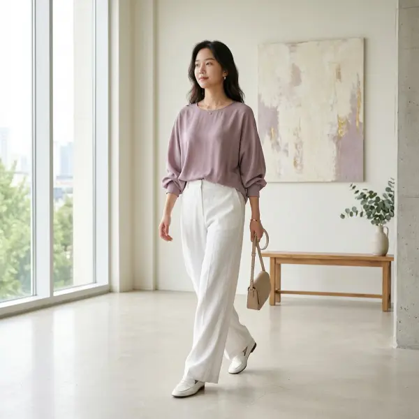 Outfit bernuansa warna taro dipadukan dengan putih