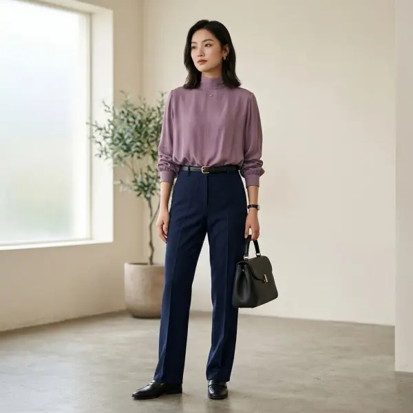 Outfit modern memadukan warna taro dengan navy dan hitam