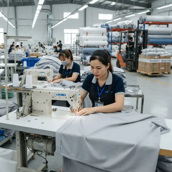 Proses pembuatan sprei berbahan kain Microtex di industri tekstil