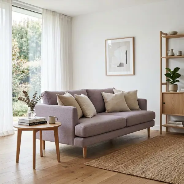 Interior ruang tamu menggunakan kombinasi warna taro dan beige