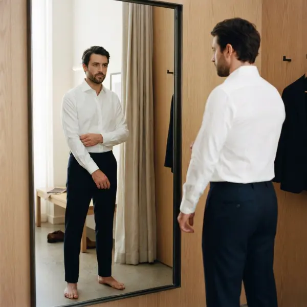 Customer evaluating the fit and comfort of an apparel product