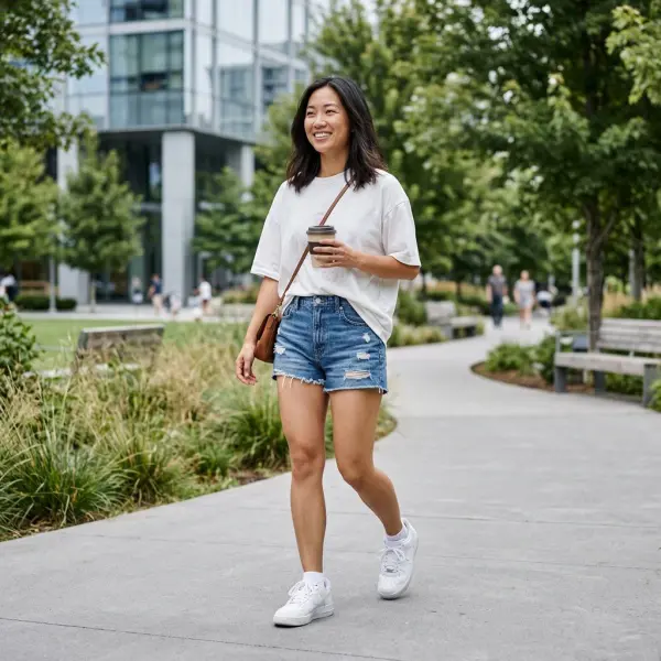 Gaya casual wanita menggunakan celana pendek denim dan kaus polos