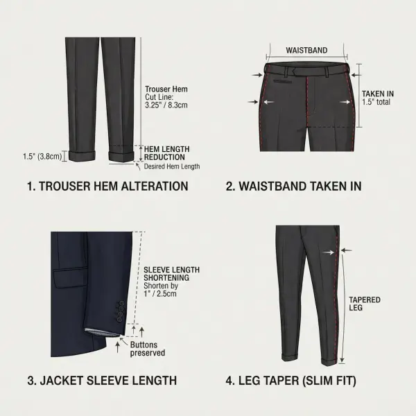 Visual guide to common garment alterations including hems, waist, sleeves, and trouser tapering