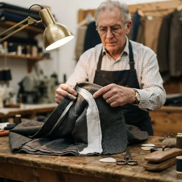 Tailor inspecting seam allowance and internal garment construction before alteration
