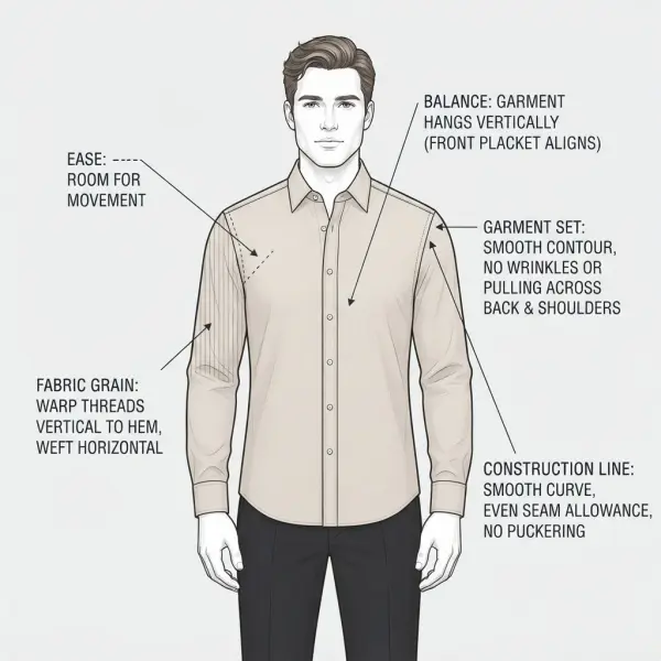 Diagram explaining ease, balance, line, grain, and garment set Diagram explaining ease, balance, line, grain, and garment set