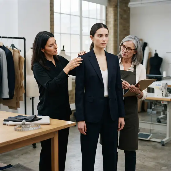 Fashion designer assessing garment fit during a professional fitting session Fashion designer assessing garment fit during a professional fitting session