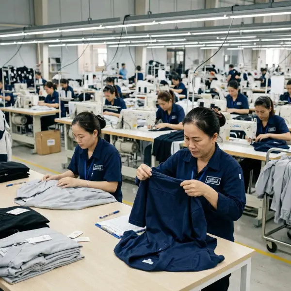 Pemeriksaan kualitas pakaian selama proses produksi garmen