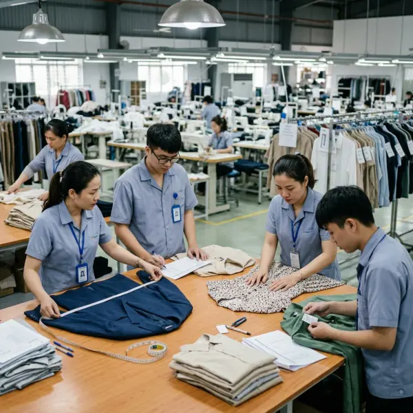 Tim quality control mengevaluasi kualitas produk garmen sebelum pengiriman