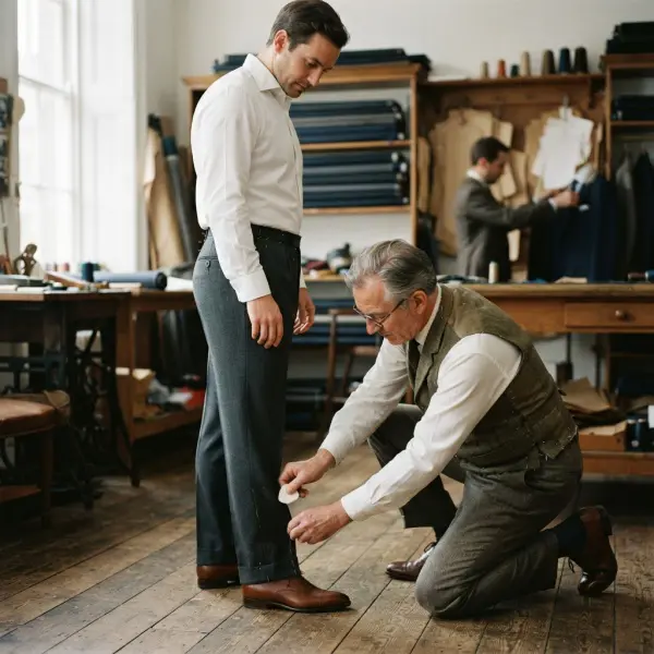Tailor marking common clothing alterations during a professional fitting