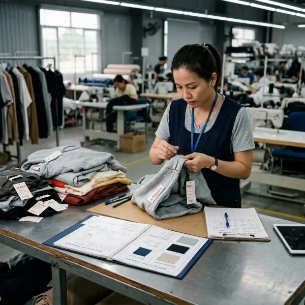 Inspector quality control mengevaluasi pakaian yang tidak memenuhi standar kualitas