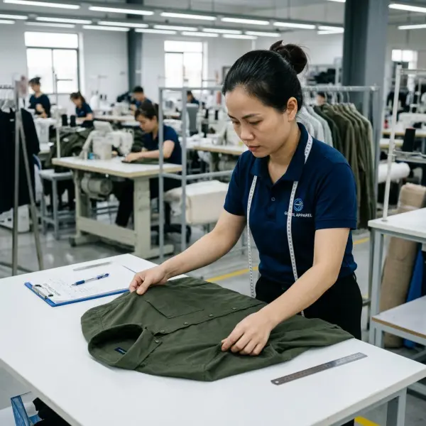 Petugas QC Garment memeriksa kualitas pakaian di pabrik garmen