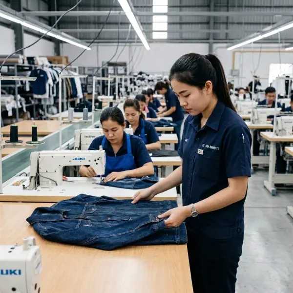 Petugas QC memeriksa hasil jahitan pada lini produksi garmen
