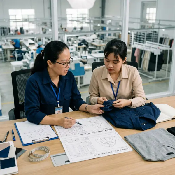 Tim quality control melakukan evaluasi standar pemeriksaan produk garmen