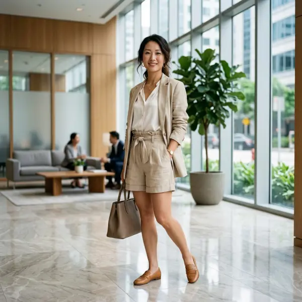 Wanita mengenakan paperbag shorts dengan blazer untuk gaya smart casual