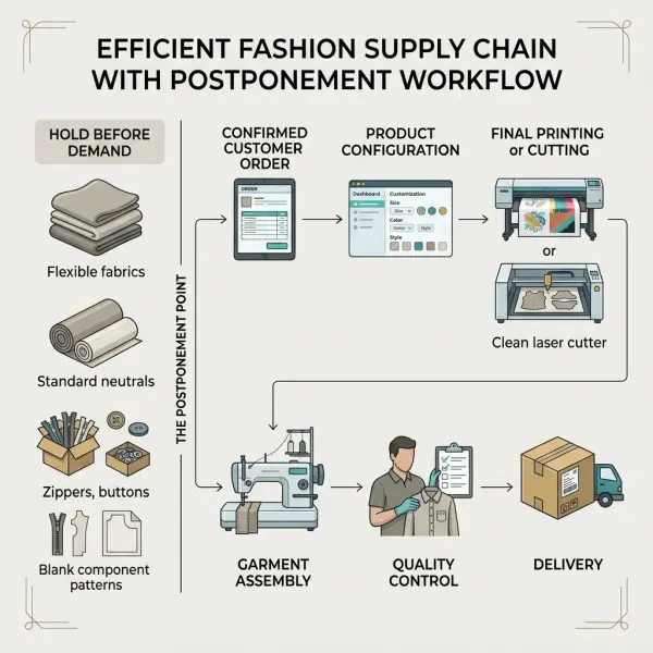 Workflow showing how made-to-order production postpones garment completion until demand is confirmed Workflow showing how made-to-order production postpones garment completion until demand is confirmed