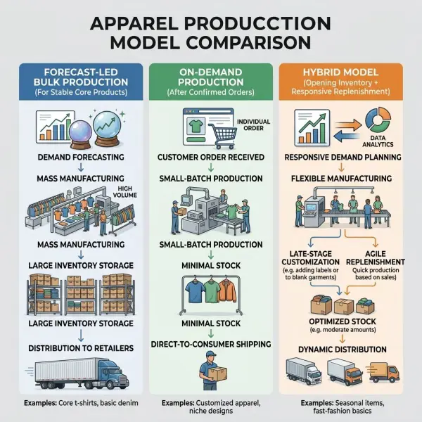 Comparison of forecast-led, on-demand, and hybrid fashion production models