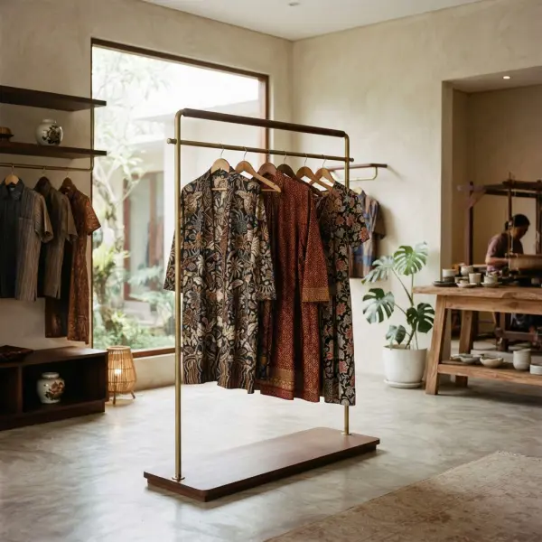 Koleksi batik tulis, batik cap, dan batik printing tersusun rapi di butik fashion Indonesia Koleksi batik tulis, batik cap, dan batik printing tersusun rapi di butik fashion Indonesia