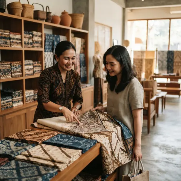 Konsumen berkonsultasi dengan penjual untuk memilih batik tulis sesuai kebutuhan