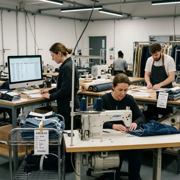 Fashion production team preparing garments according to confirmed customer orders Fashion production team preparing garments according to confirmed customer orders