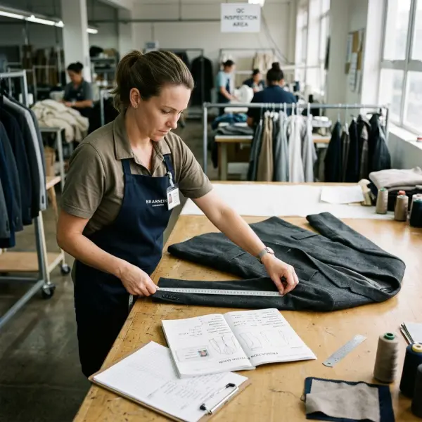 Quality inspector checking a made-to-order garment before customer delivery Quality inspector checking a made-to-order garment before customer delivery