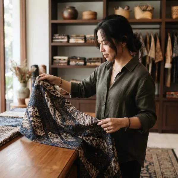 Konsumen memeriksa detail motif dan bagian belakang kain batik sebelum membeli Konsumen memeriksa detail motif dan bagian belakang kain batik sebelum membeli