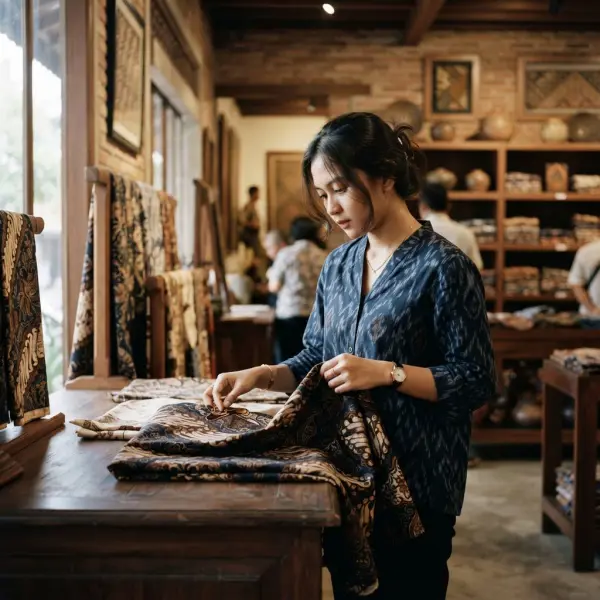 Seorang pelanggan memeriksa kualitas batik tulis dengan mengamati motif, tekstur kain, dan detail pengerjaan