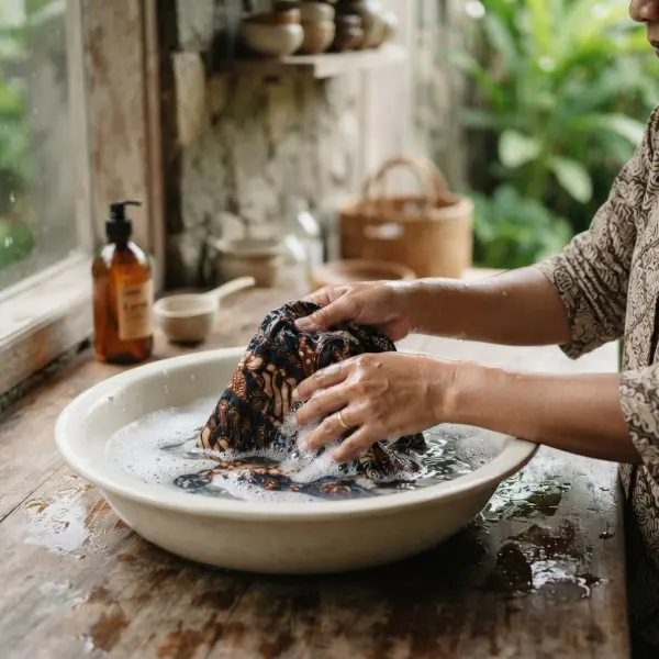 Proses mencuci batik tulis dengan tangan menggunakan sabun lembut