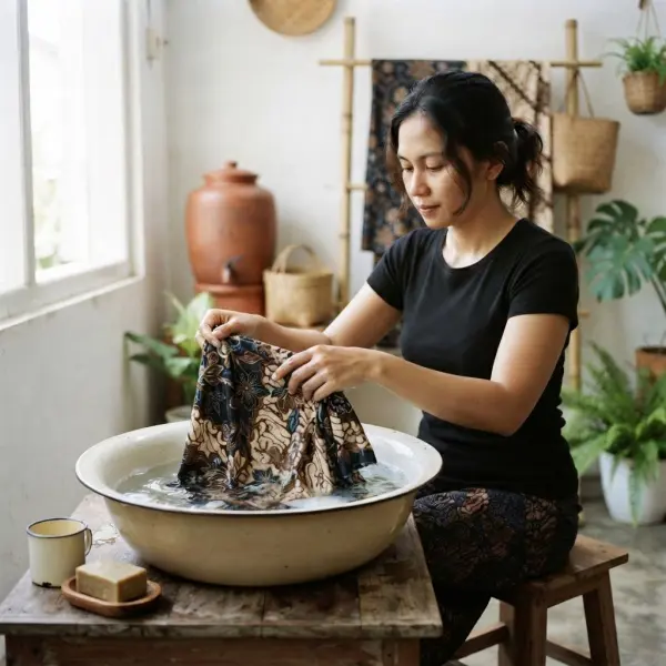 Seseorang mencuci batik tulis secara manual menggunakan air bersih dan sabun lembut