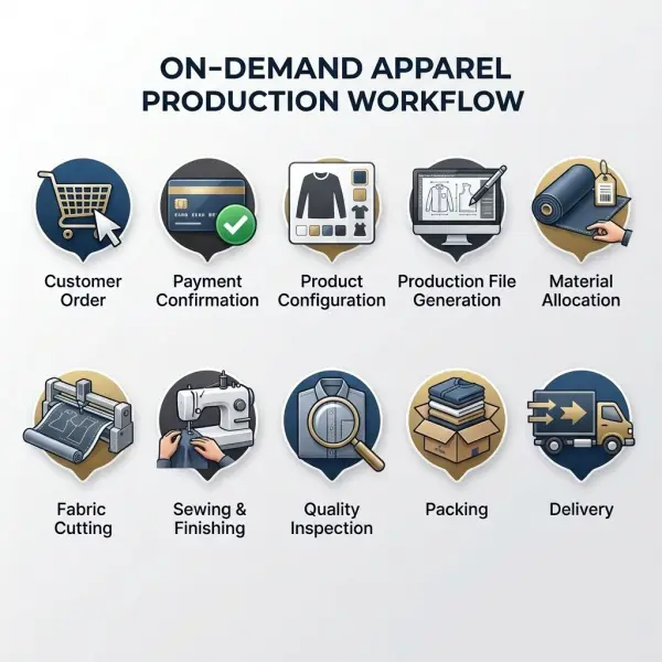 Workflow showing how a fashion order moves from online purchase to apparel production and delivery