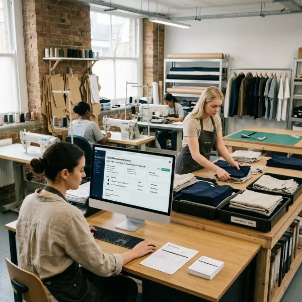 Fashion production team preparing individual garment orders in a modern apparel workshop