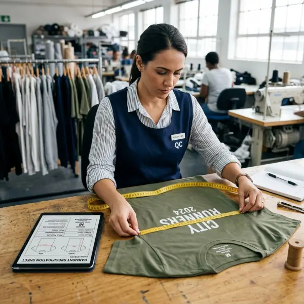 Quality inspector checking an on-demand garment against customer specifications