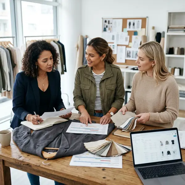 Fashion business and production teams reviewing an on-demand manufacturing model