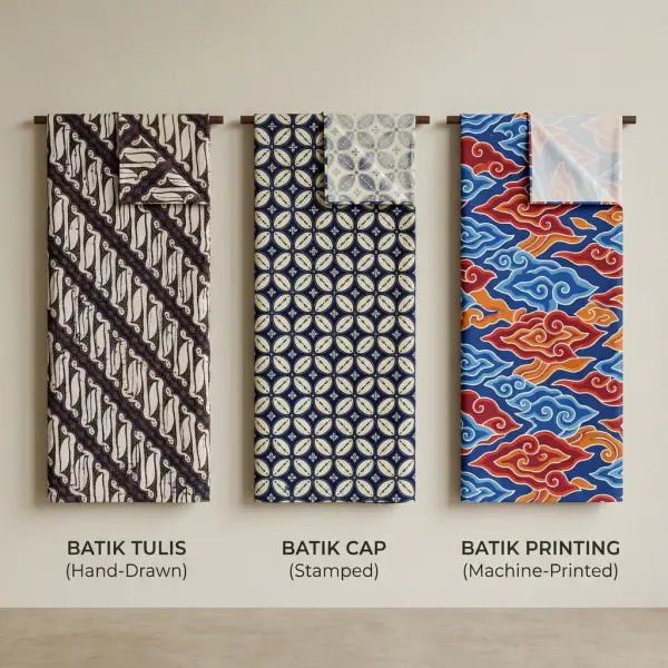 Perbandingan visual batik tulis, batik cap, dan batik printing pada berbagai jenis kain batik Perbandingan visual batik tulis, batik cap, dan batik printing pada berbagai jenis kain batik
