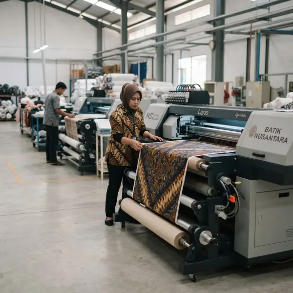 Mesin digital textile printing mencetak motif batik pada kain secara presisi Mesin digital textile printing mencetak motif batik pada kain secara presisi