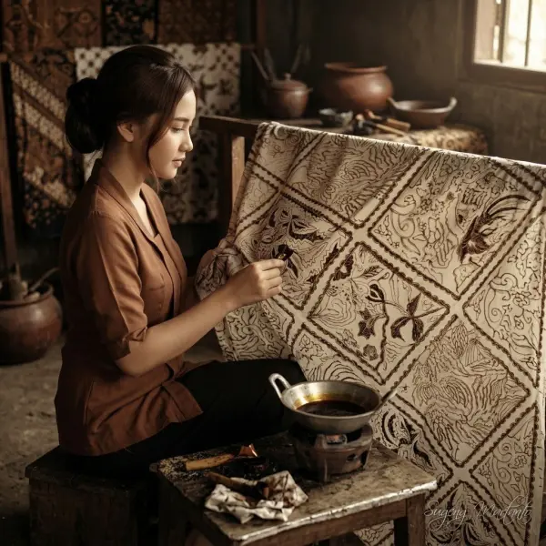 Perajin membatik menggunakan canting untuk membuat motif batik tulis secara manual Perajin membatik menggunakan canting untuk membuat motif batik tulis secara manual