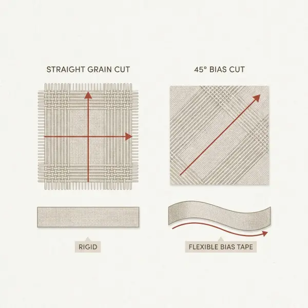 Diagram sederhana yang menunjukkan perbedaan potongan kain lurus dan potongan bias 45 derajat Diagram sederhana yang menunjukkan perbedaan potongan kain lurus dan potongan bias 45 derajat