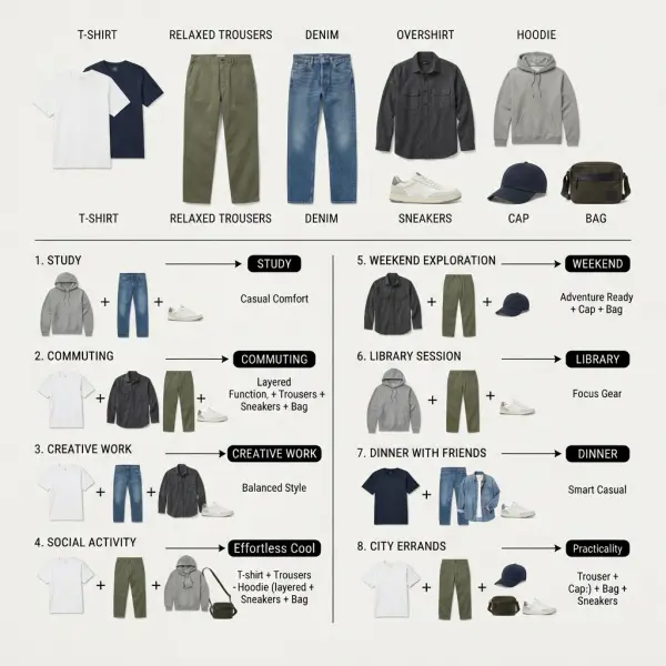 Adaptable youth wardrobe built around casual clothing essentials