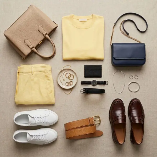 Berbagai aksesori yang cocok dipadukan dengan outfit butter yellow, seperti tas beige, loafers cokelat, sneakers putih, dan perhiasan emas